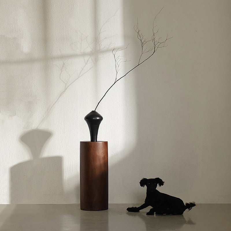 Round Solid Wood Pedestal Stand in Dark Walnut