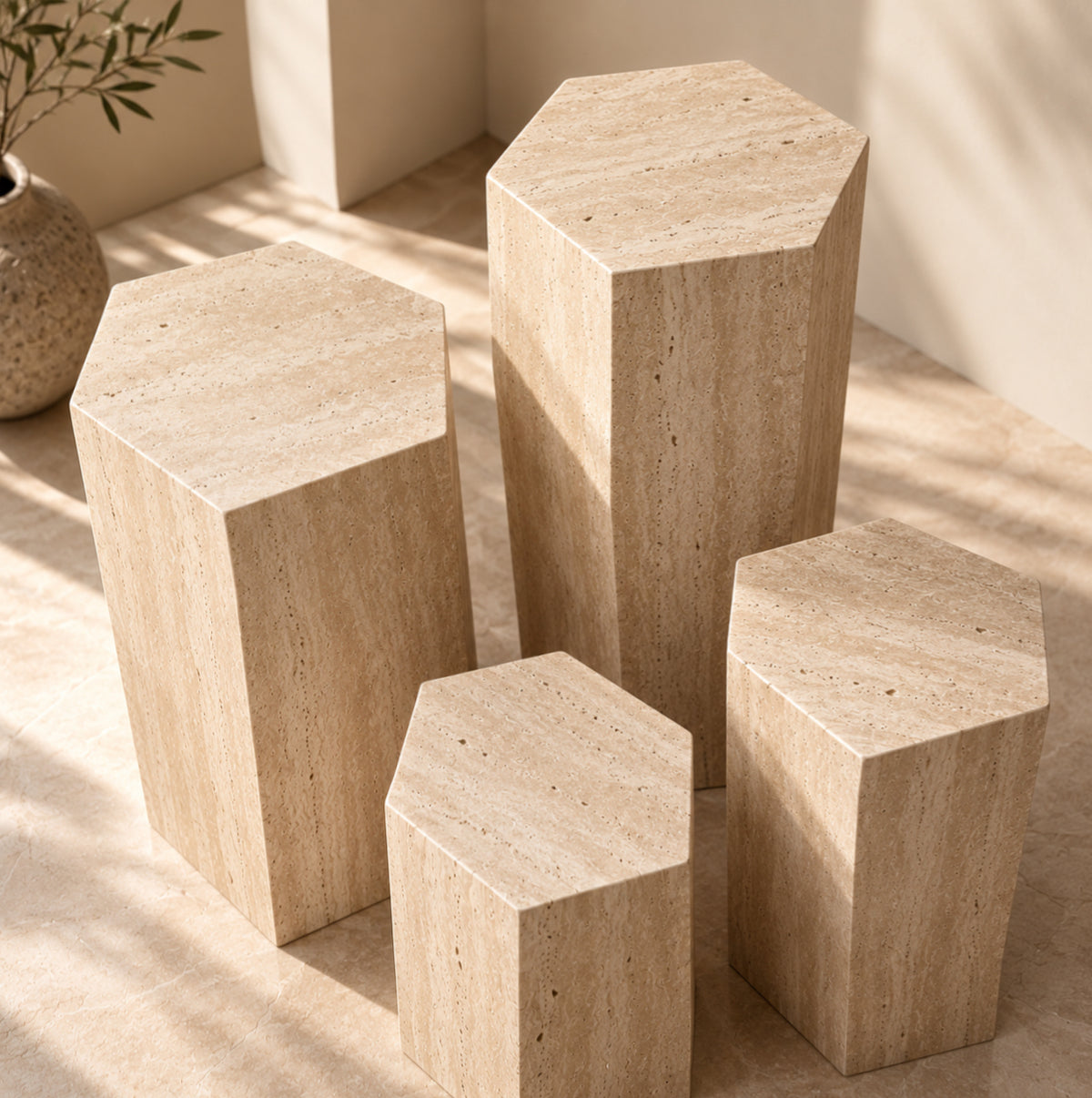 Hexagonal Travertine Pedestal | Natural Stone Display Plinth, Sculpture Stand & Side Table