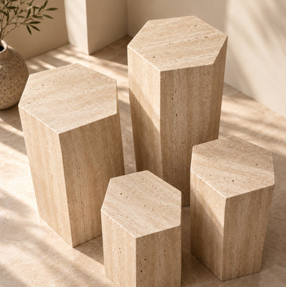 Hexagonal Travertine Pedestal | Natural Stone Display Plinth, Sculpture Stand & Side Table