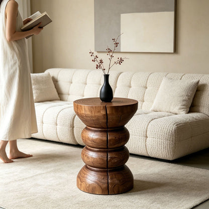 Sculptural Geometric Solid Wood Stool & Side Table