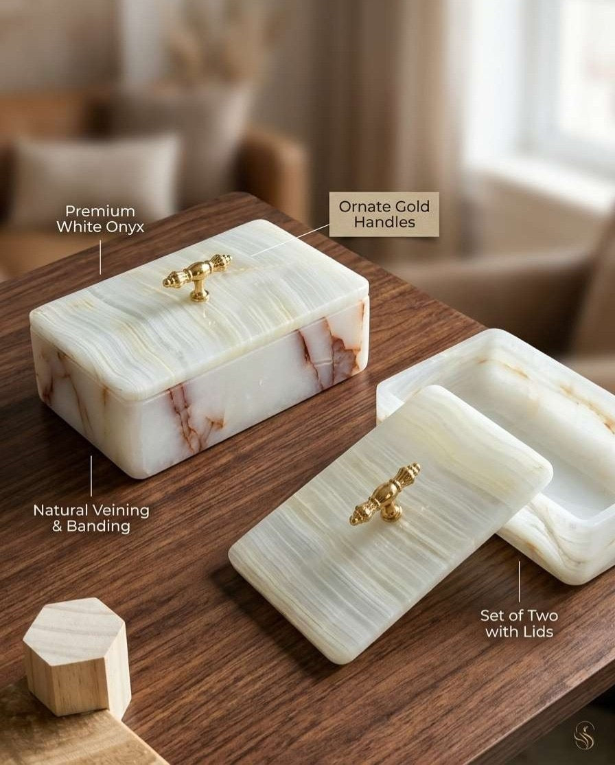 Artisan White Onyx Keepsake Box | Genuine Natural Stone Jewelry Box with Ornate Gold Handle | Unique Luxury Home Deco