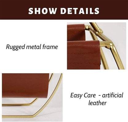 Luxury Leather Magazine Rack Organizer with Gold Metal Frame