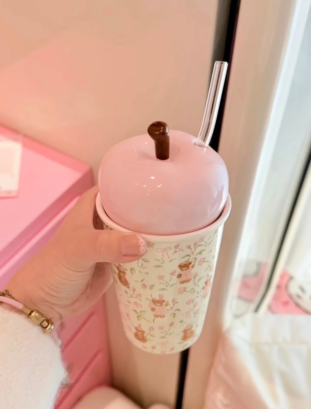 Pink Apple Blossom Bear Straw Cup