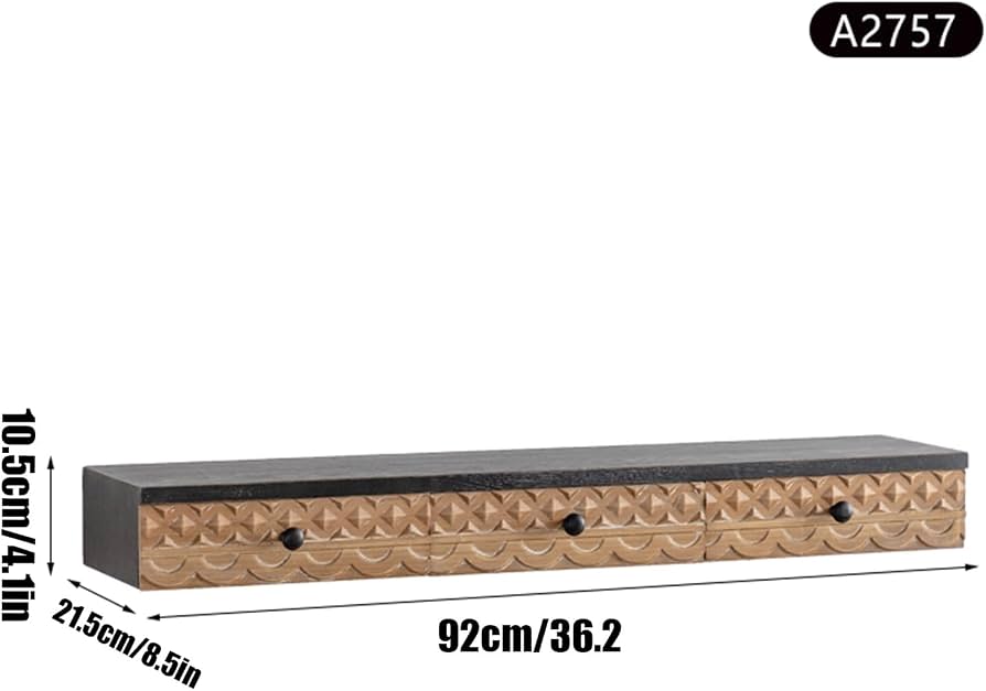 Rustic Carved Wood Floating Shelves with Drawers – 3 sizes Wall Mounted Storage & Display Solution
