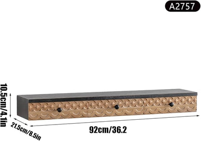 Rustic Carved Wood Floating Shelves with Drawers – 3 sizes Wall Mounted Storage & Display Solution