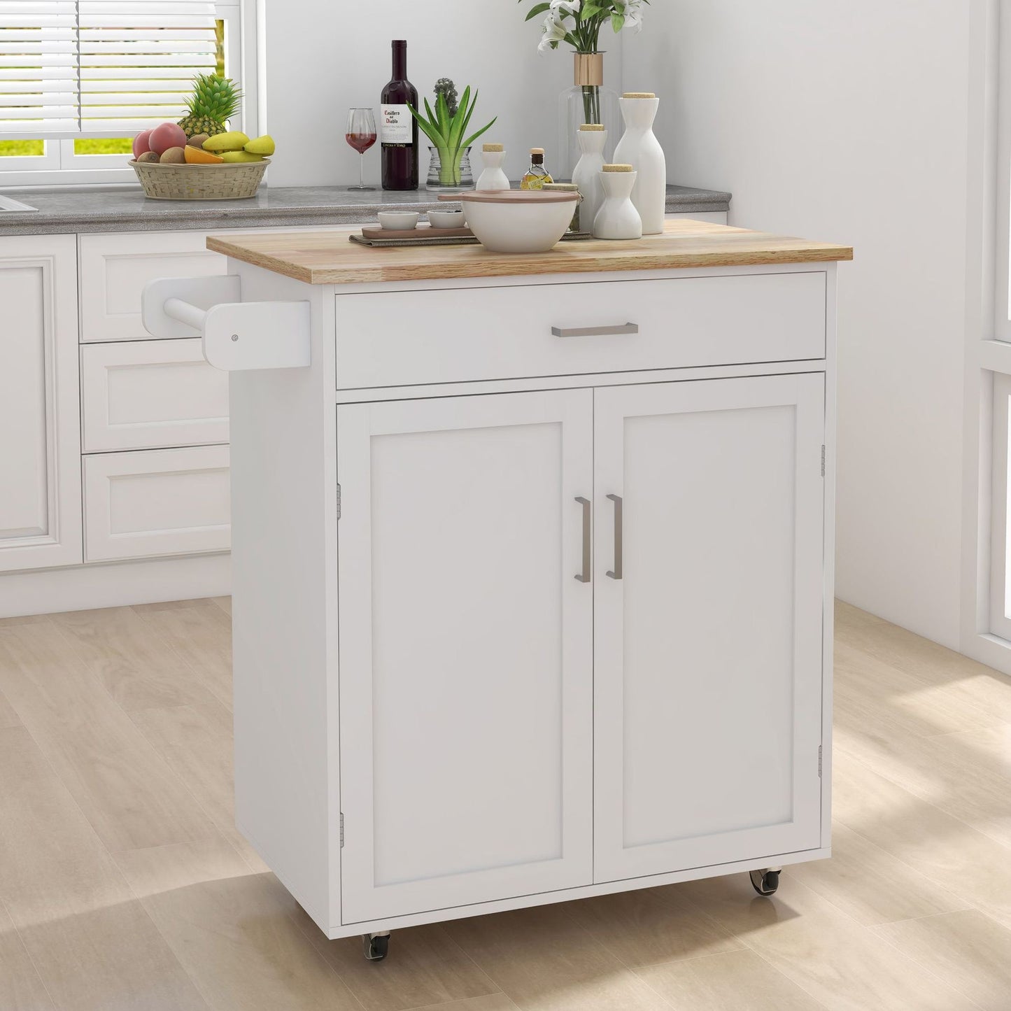 Rolling Kitchen Island Cart with Storage – White Cabinet, Wood Countertop, Drawers, Shelves, and Towel Rack