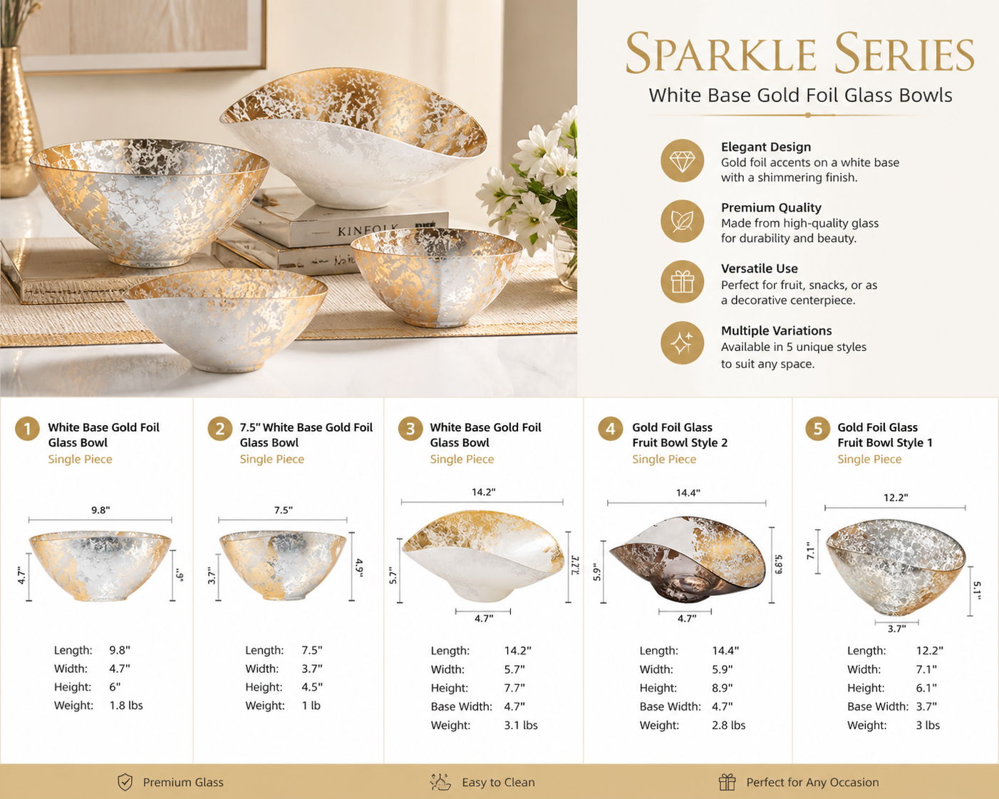 Sparkle Series Gold Foil Glass Bowls – Luxury Decorative Fruit & Centerpiece Bowls