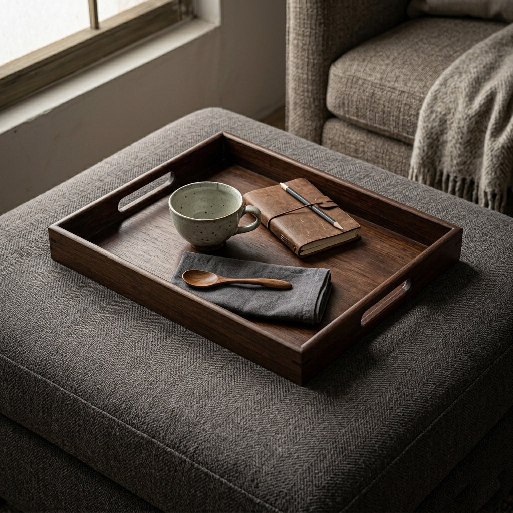 Handcrafted Large Solid Wood Nesting Serving Trays Minimalist Coffee Table & Ottoman Tray Decor