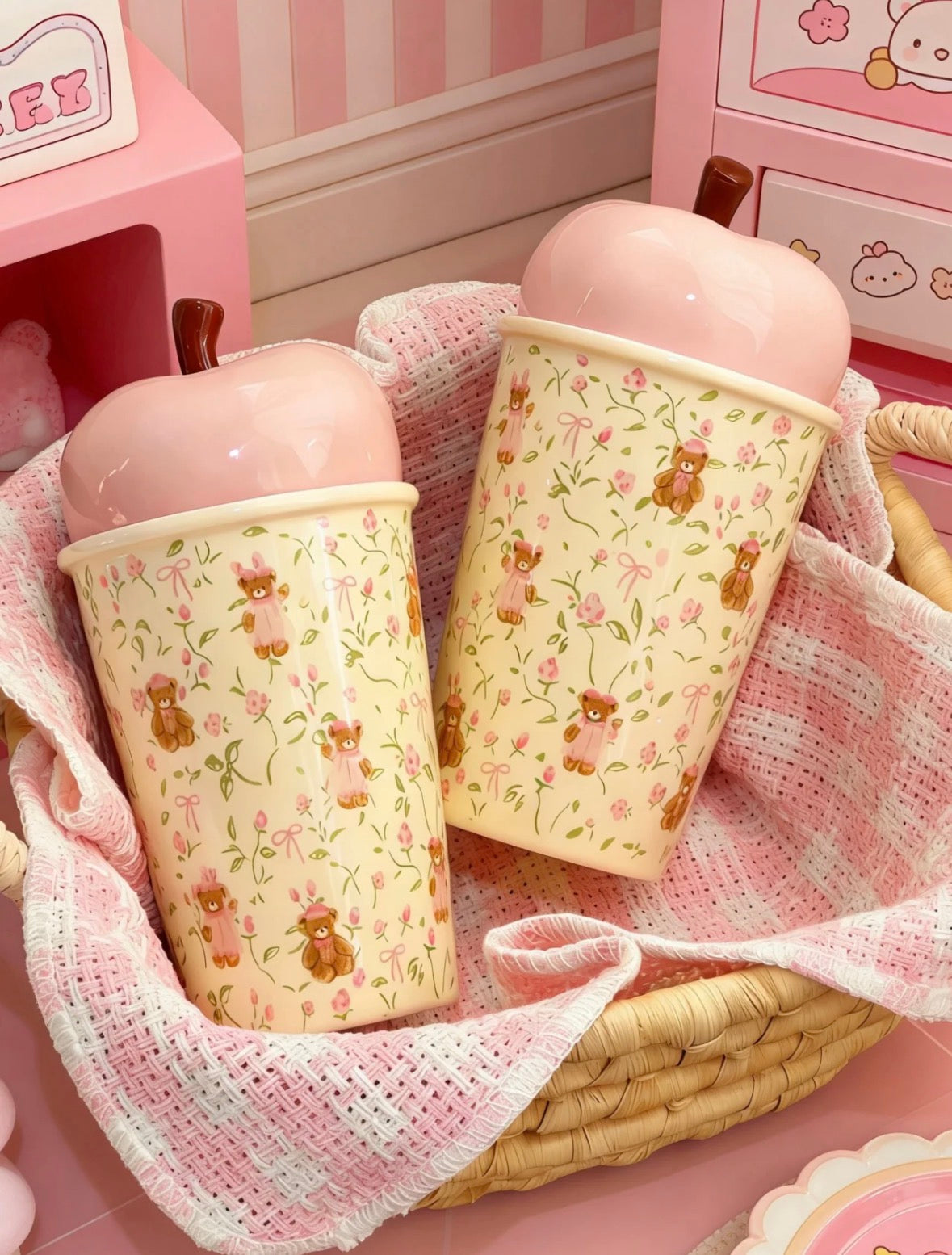 Pink Apple Blossom Bear Straw Cup