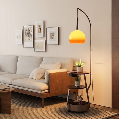 Arc Floor Lamp with Side Table & Shelves – Mid-Century Modern Globe Reading Lamp