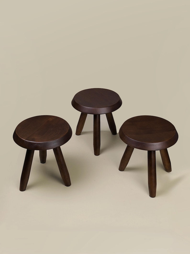 Perriand Style Mid-Century Tripod Wood Stool | Minimalist Milking