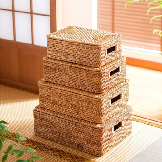 Handmade Woven Rattan Basket with Lid – Multi-Size Storage Box for Bathroom, Closet, or Living Room