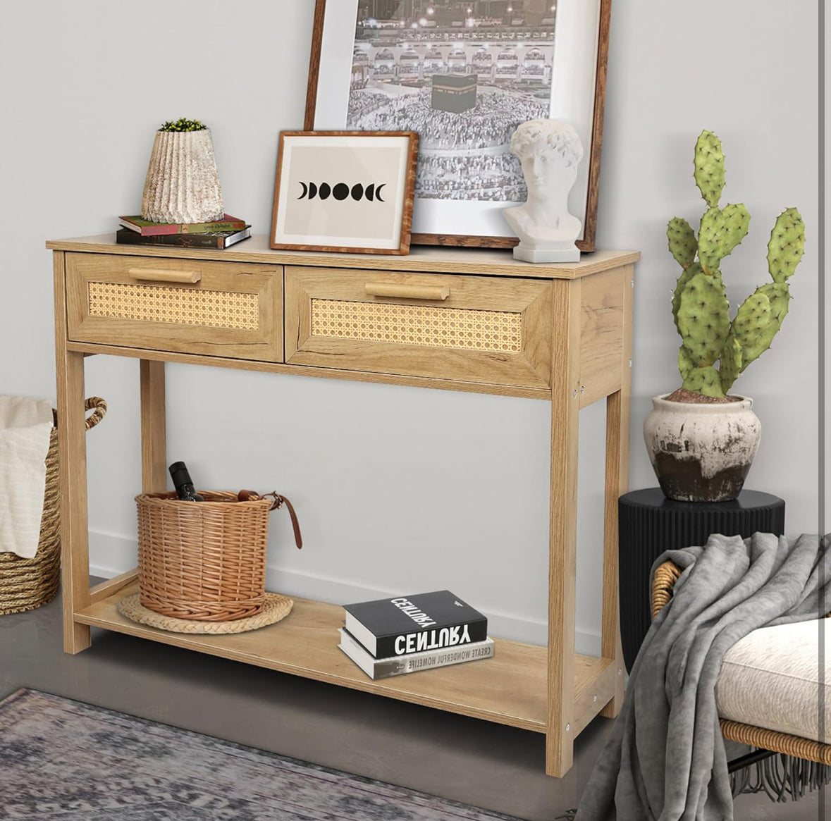 Rattan Accent Console Table with Dual Drawers and Open Shelf, Minimalist Style