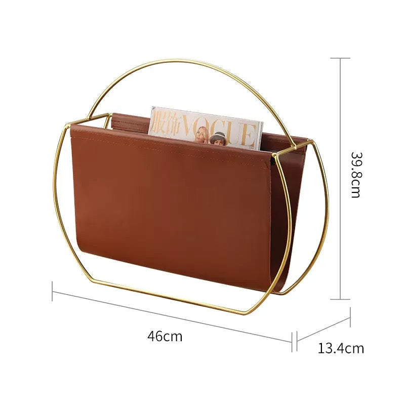 Luxury Leather Magazine Rack Organizer with Gold Metal Frame