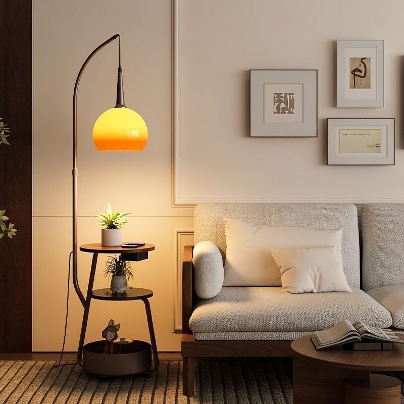 Arc Floor Lamp with Side Table & Shelves – Mid-Century Modern Globe Reading Lamp