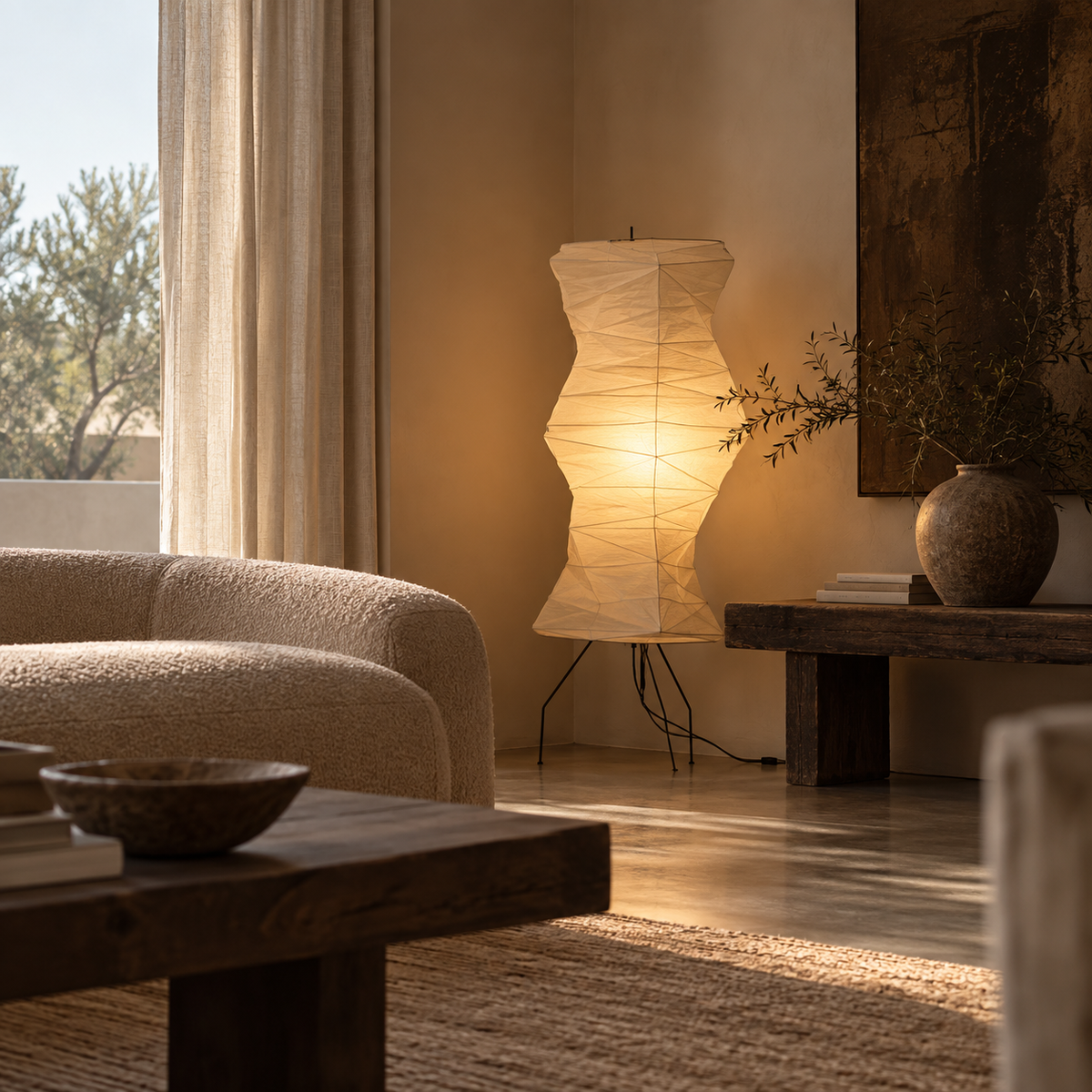 Sculptural Paper Floor Lamp – Small | Wabi Sabi Japanese Ambient Light