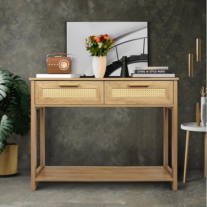 Rattan Accent Console Table with Dual Drawers and Open Shelf, Minimalist Style