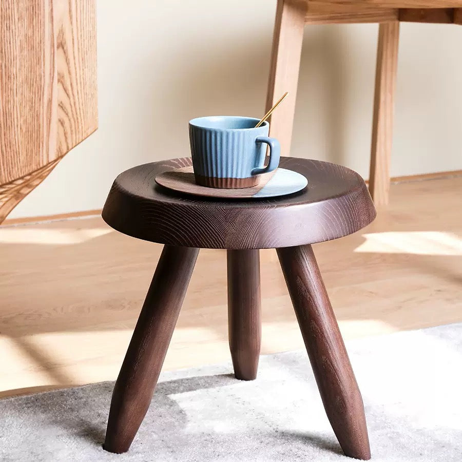 Perriand Style Mid-Century Tripod Wood Stool | Minimalist Milking