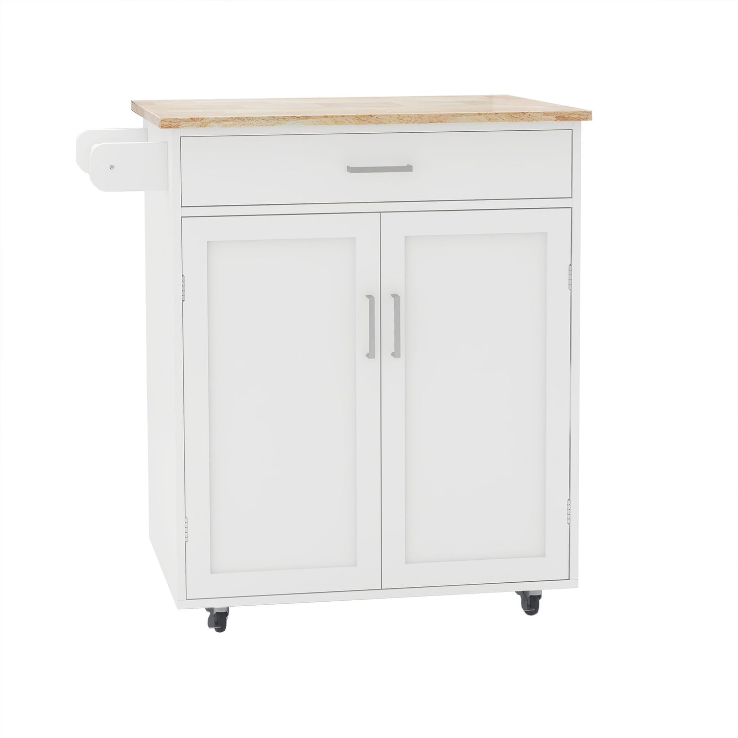 Rolling Kitchen Island Cart with Storage – White Cabinet, Wood Countertop, Drawers, Shelves, and Towel Rack