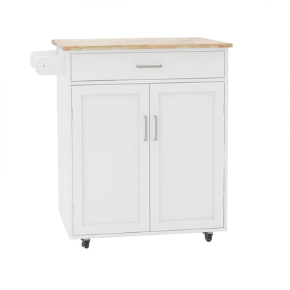 Rolling Kitchen Island Cart with Storage – White Cabinet, Wood Countertop, Drawers, Shelves, and Towel Rack