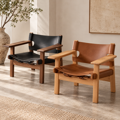 Spanish Chair | Genuine Leather Sling Lounge Chair – Solid Wood Mid-Century Armchair