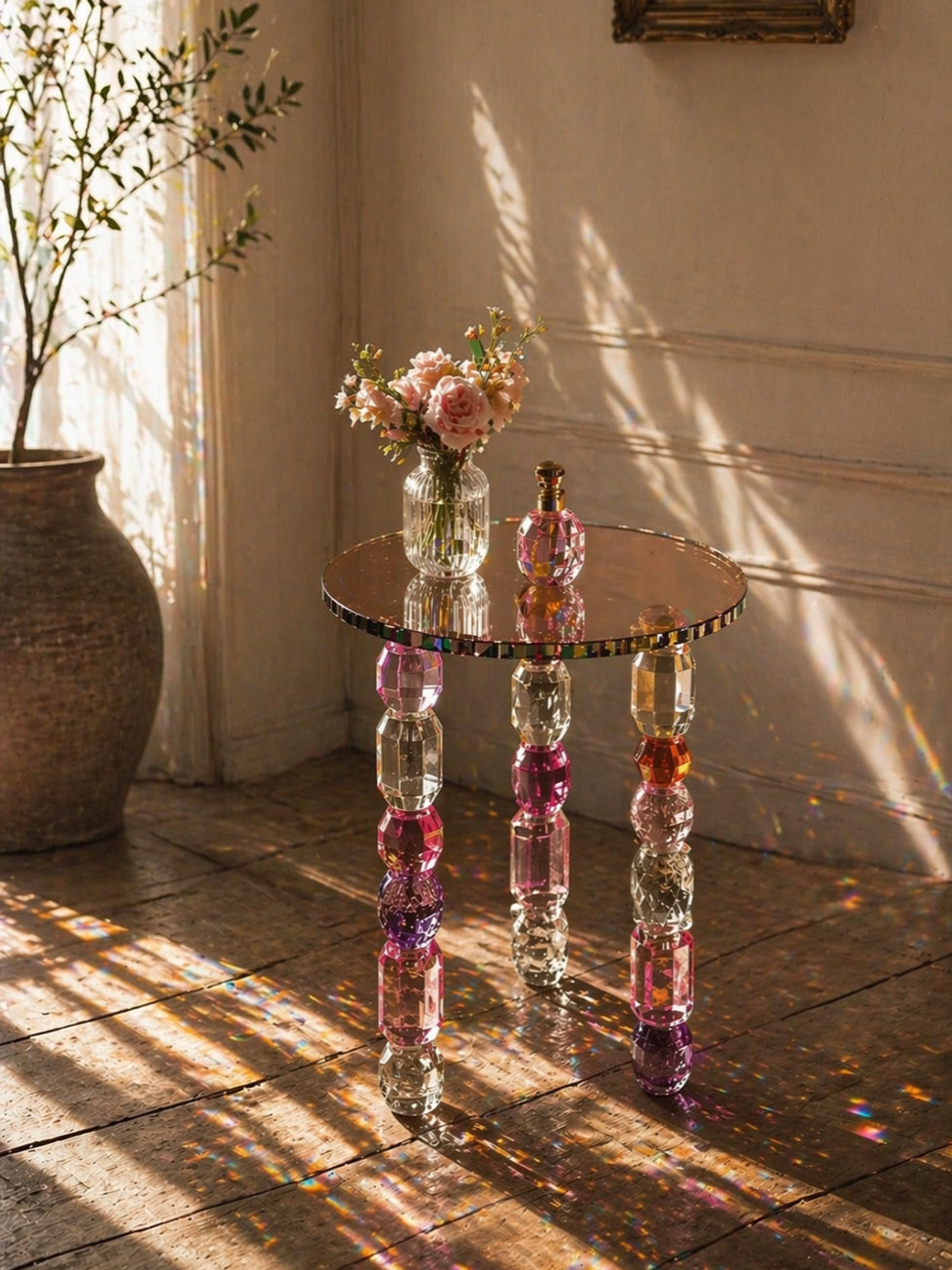 Small round table with colorful legs in a sunlit room