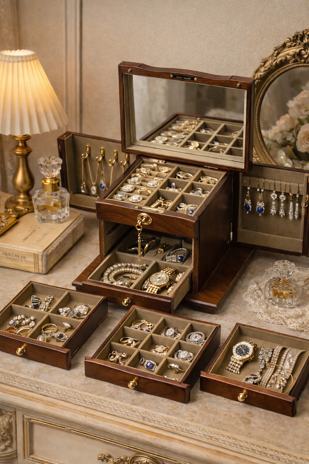 Walnut Jewelry Organizer with Lock