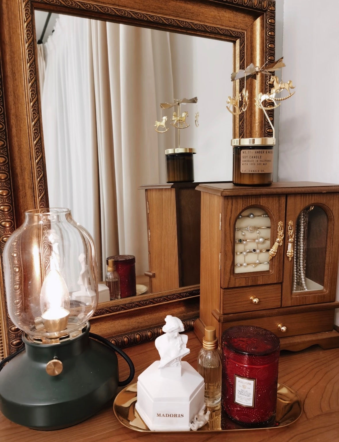 Vintage Wooden Jewelry Box Cabinet with Glass Doors