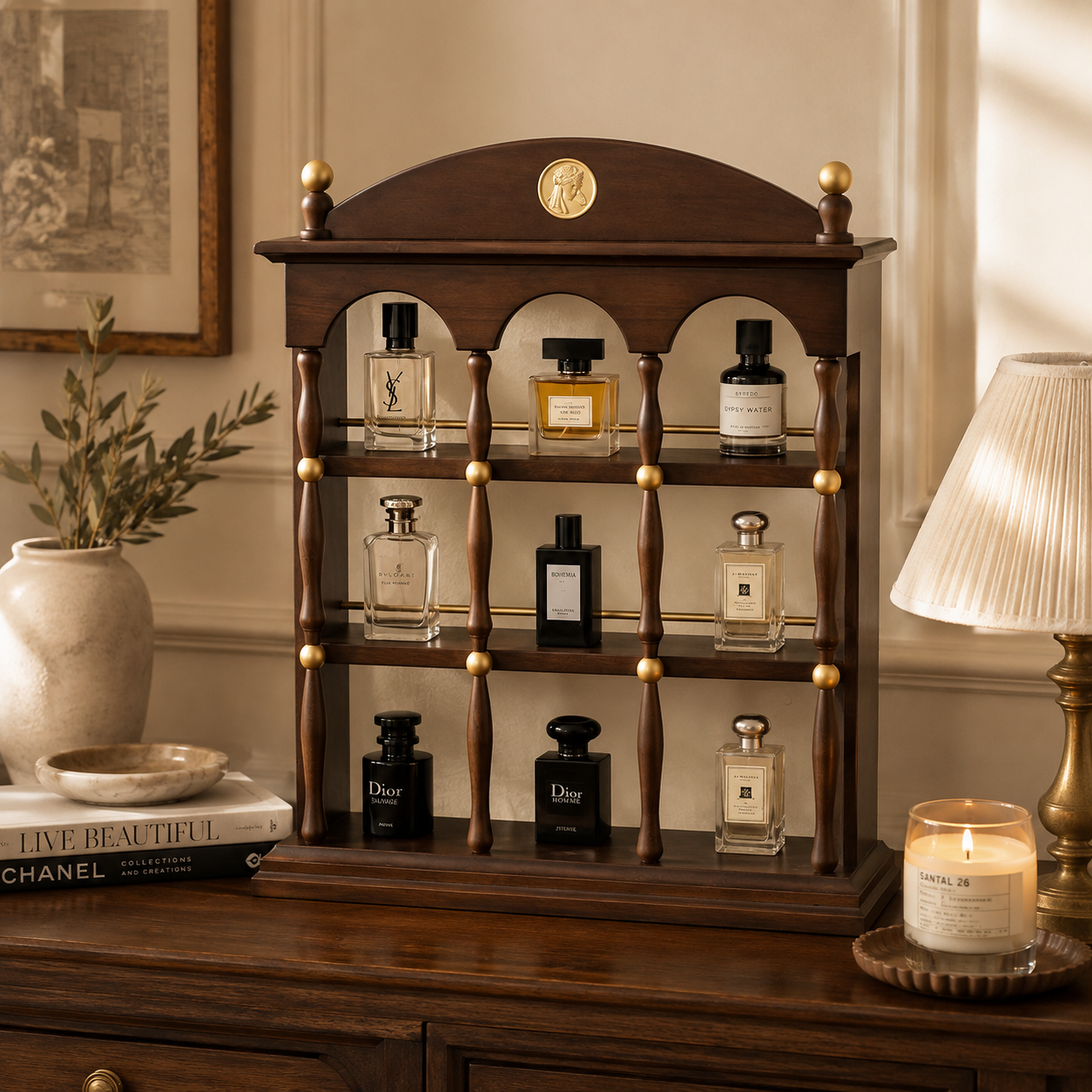 Vintage Walnut Architectural Display Shelf – 3-Tier Perfume & Decor Organizer