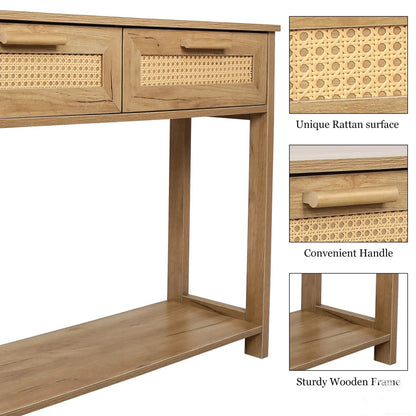 Rattan Accent Console Table with Dual Drawers and Open Shelf, Minimalist Style