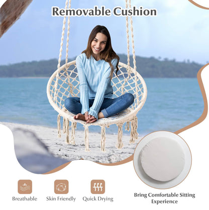 Bohemian Macrame Hammock Chair with Cushion - Indoor/Outdoor Hanging Rope Swing with Hardware Kit & Strap