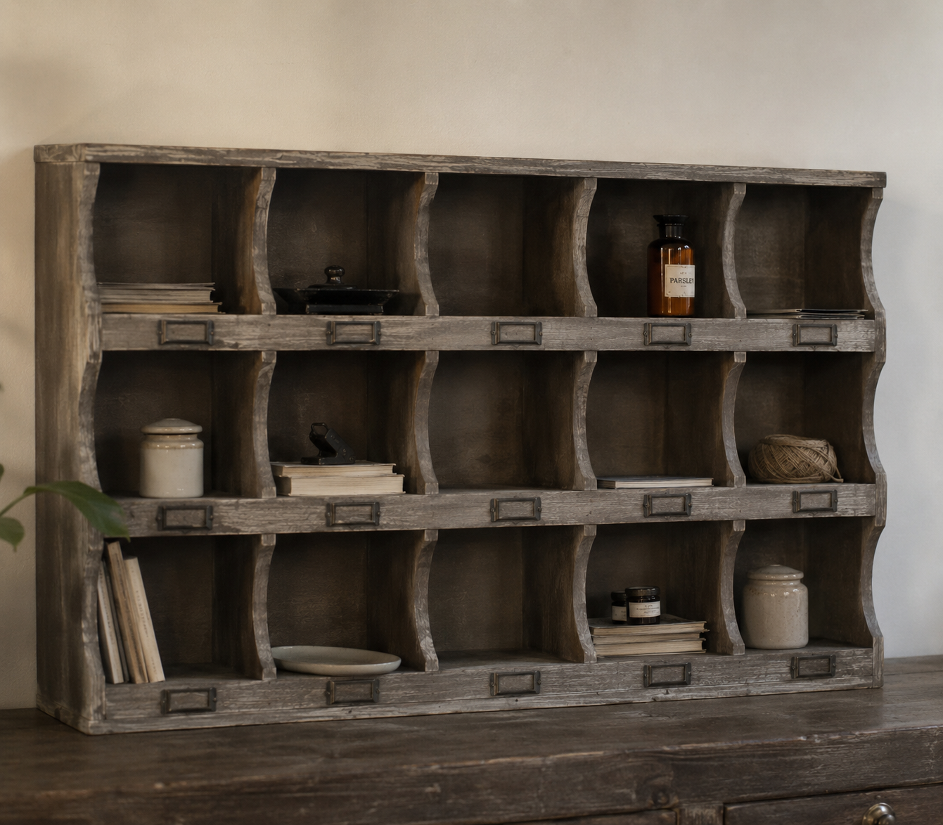 Vintage Wooden Wall Cubby Shelf Organizer – Rustic Display & Storage