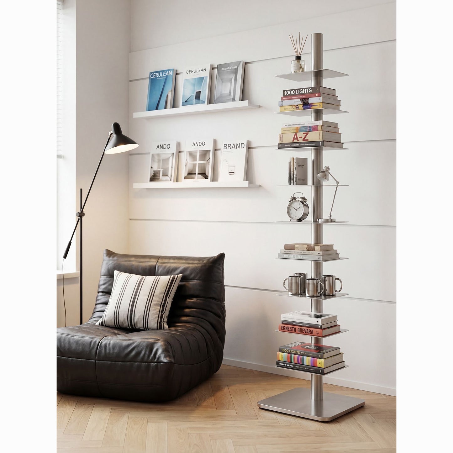 Stainless Steel Rotating Book Tower | Modern Vertical Bookshelf & Space-Saving Floor Standing Bookcase