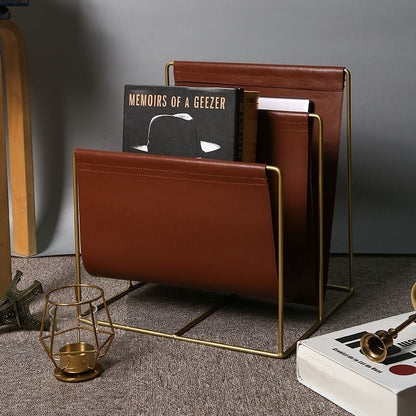 Luxury Leather Magazine Rack Organizer with Gold Metal Frame