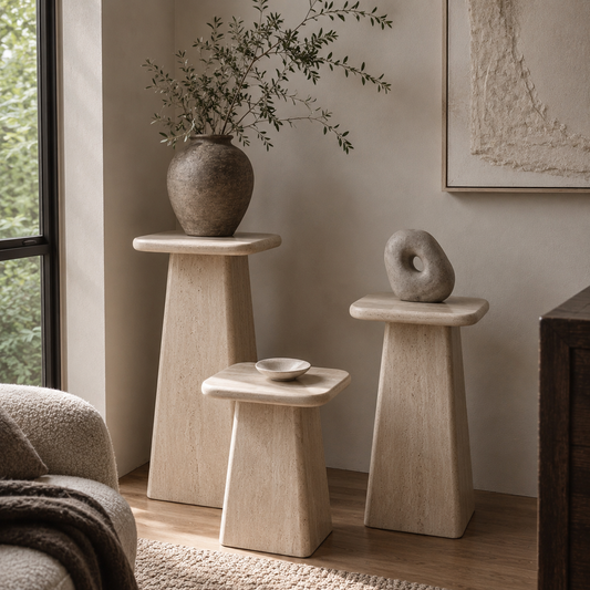 Custom Travertine Pedestal Side Table | Natural Stone End Table, Sculpture Display Stand & Accent Table