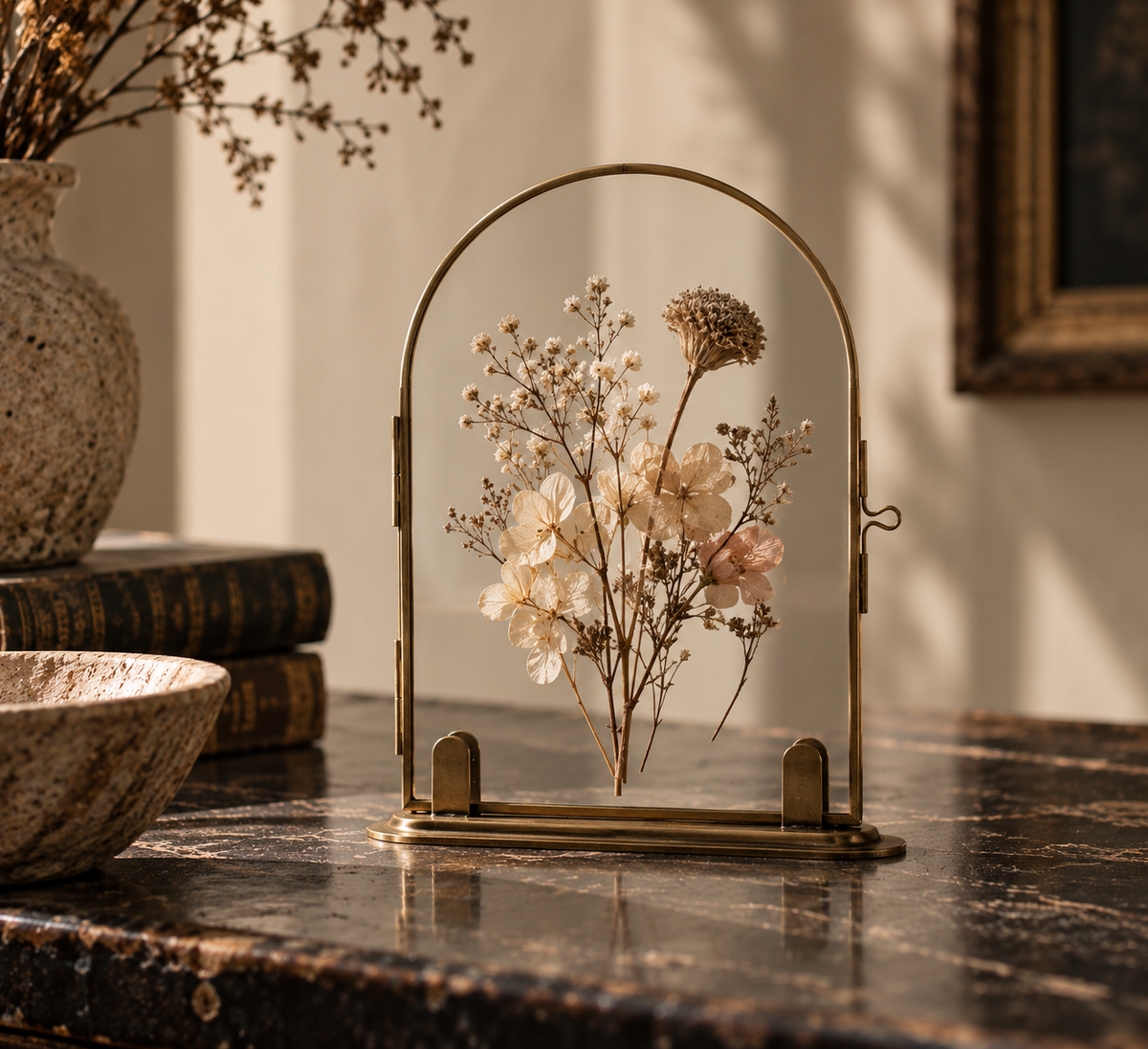 Arched Brass Floating Glass Frame | Vintage Botanical & Pressed Flower Display