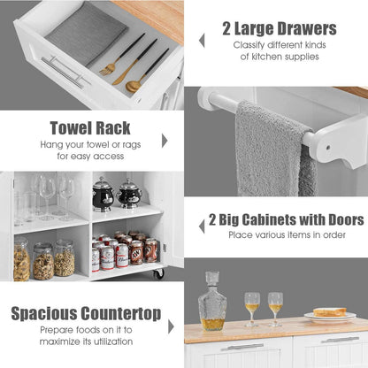 Rolling Kitchen Island Cart with Storage – White Cabinet, Wood Countertop, Drawers, Shelves, and Towel Rack