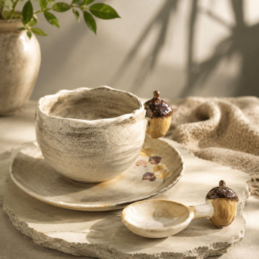 Artisan Acorn Handmade Ceramic Coffee Set | 3-Piece Wabi-Sabi Mug, Saucer & Spoon | Unique Forest-Inspired Gift