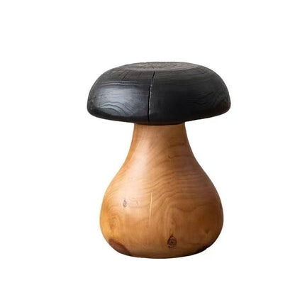 Artisan Mushroom Wood Side Table | Hand-Carved Solid Wood End Table | Charred Two-Tone Organic Modern Stool