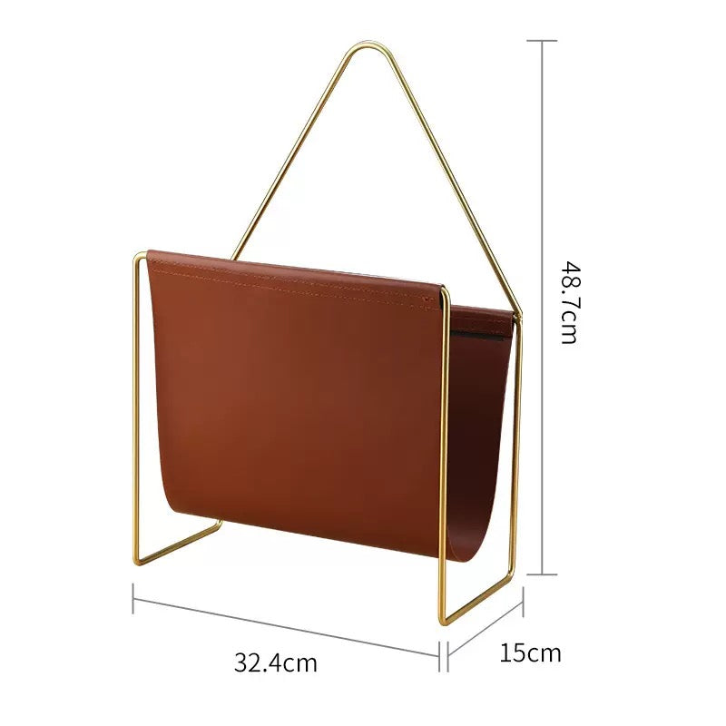 Luxury Leather Magazine Rack Organizer with Gold Metal Frame