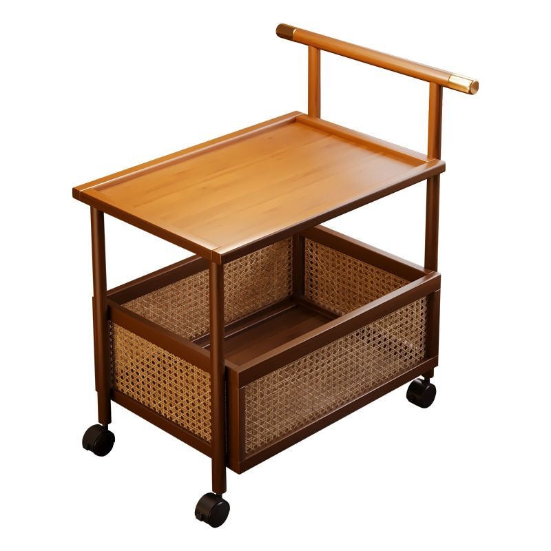 Multifunctional Rattan Rolling Cart – Wooden Bar Cart with Storage Basket, Mobile Kitchen Trolley, Bedside Table, or Sofa Side Table – Stylish & Versatile for Living Room, Bedroom, or Dining Area