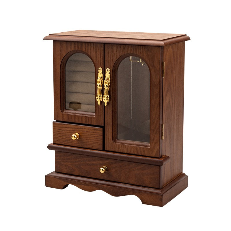 Vintage Wooden Jewelry Box Cabinet with Glass Doors