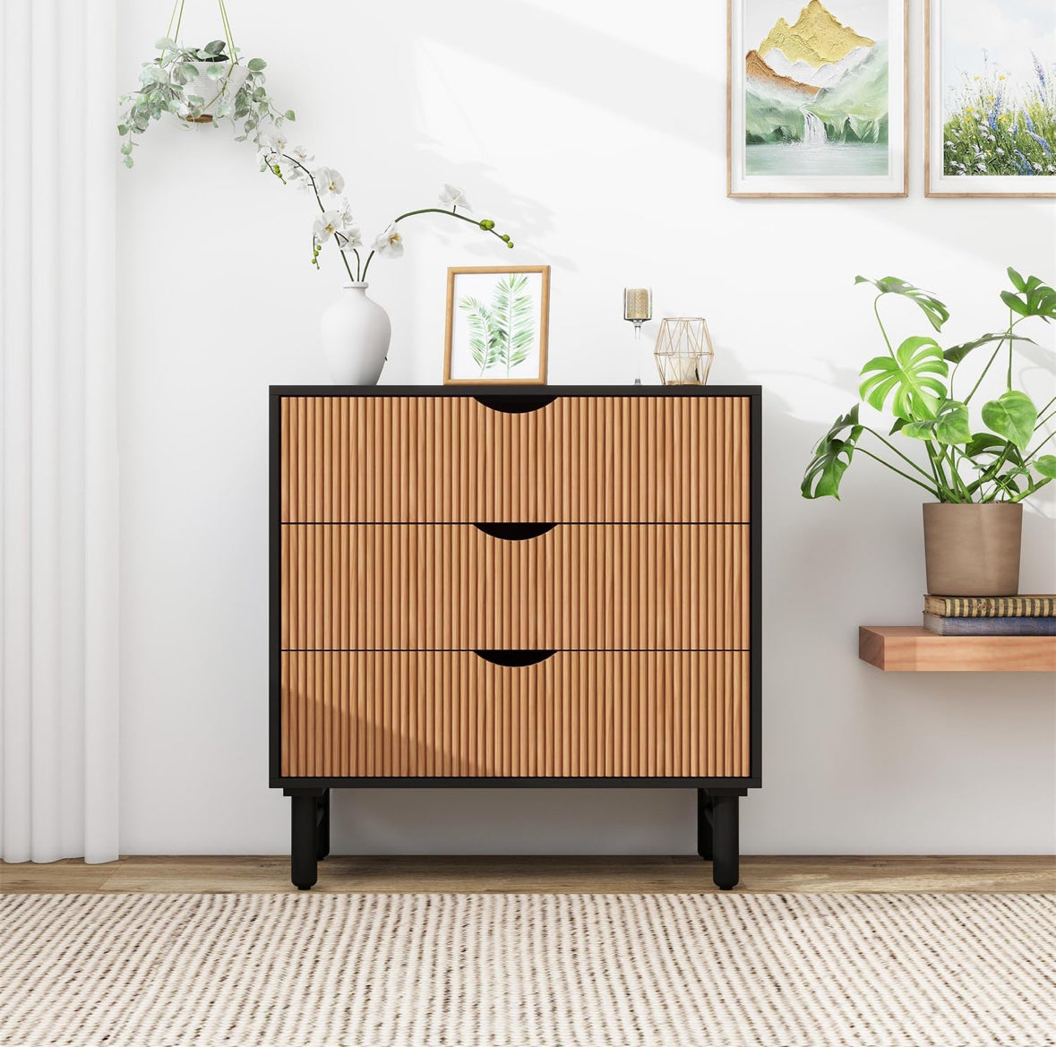 Modern 3-Drawer Chest with Textured Design, Durable Laminate Finish, and Sleek Black Frame