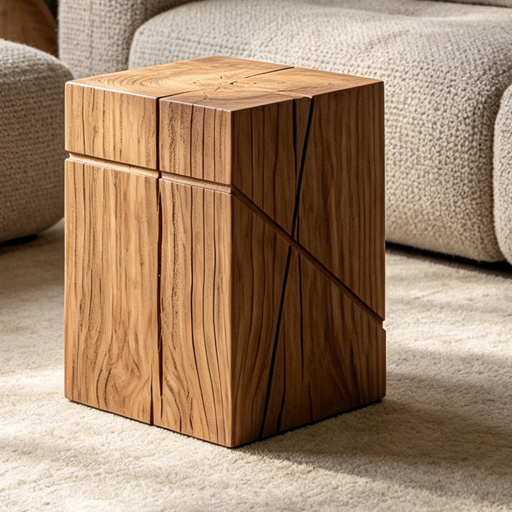Sculptural Geometric Solid Wood Stool & Side Table