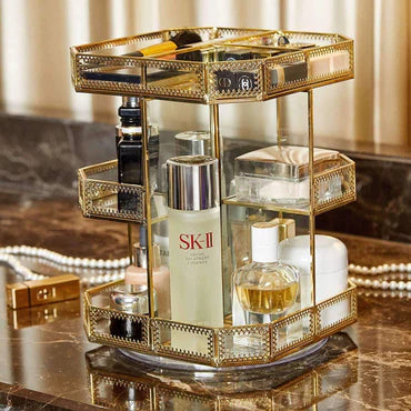 make up aufbewahrung gold Gold Glass Rotation Makeup Perfume Tray Organizer
