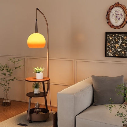 Arc Floor Lamp with Side Table & Shelves – Mid-Century Modern Globe Reading Lamp