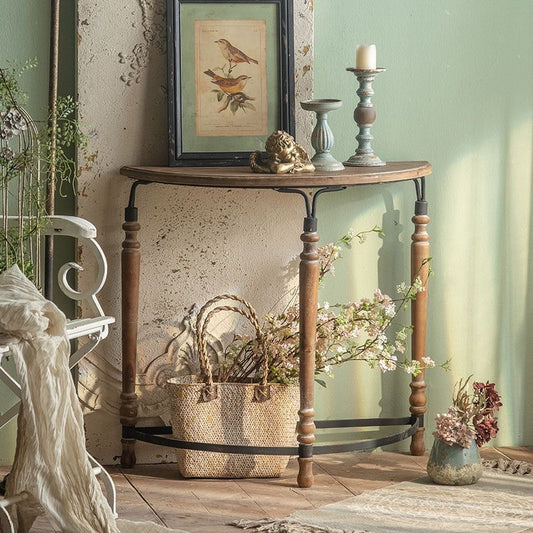 Rustic Wooden Half-Moon Round Corner Entryway Table with Iron Detailing