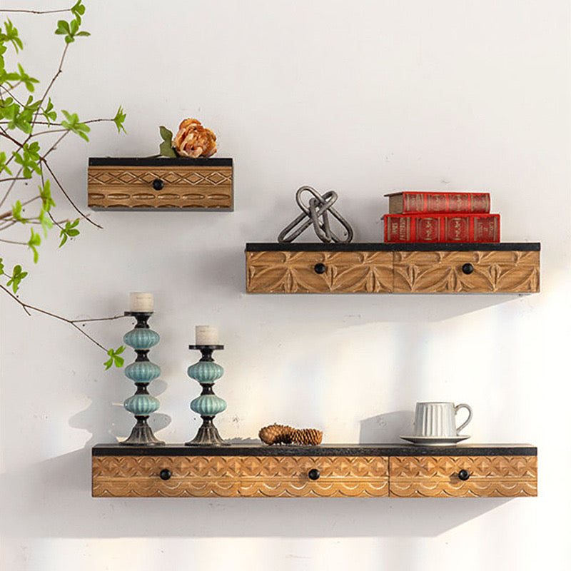 Rustic Carved Wood Floating Shelves with Drawers – 3 sizes Wall Mounted Storage & Display Solution