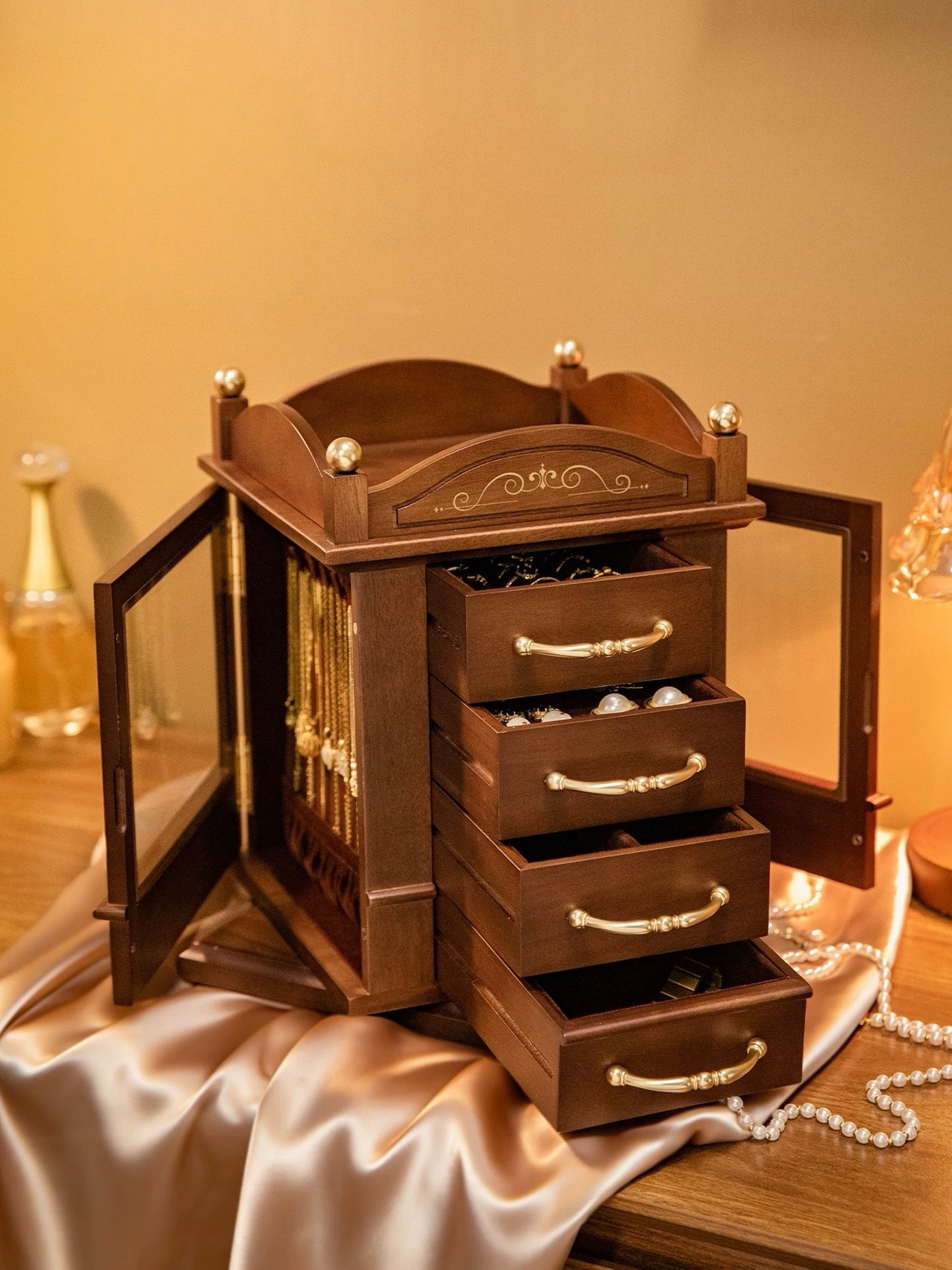 Rotating Wooden Jewelry Organizer with Drawers