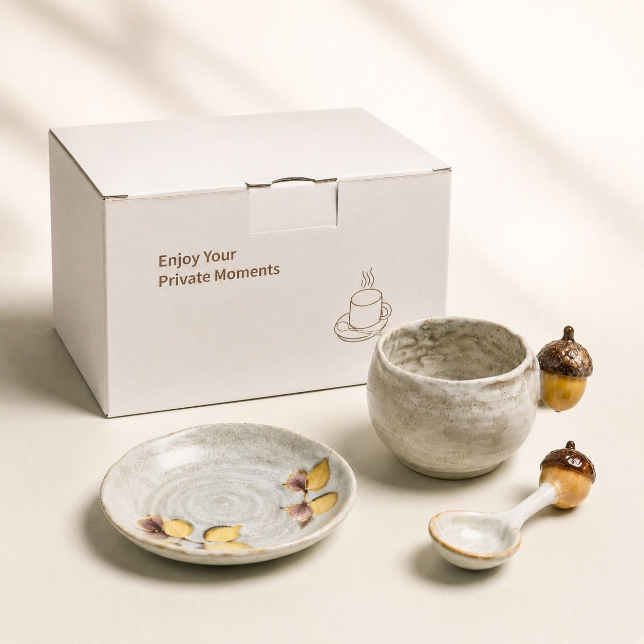 Artisan Acorn Handmade Ceramic Coffee Set | 3-Piece Wabi-Sabi Mug, Saucer & Spoon | Unique Forest-Inspired Gift